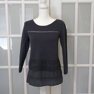 LOFT Gray Laser Cut Layered 3/4 Sleeve Cotton Sweater